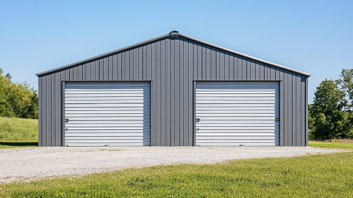 Gray steel storage building with two roll-up doors
