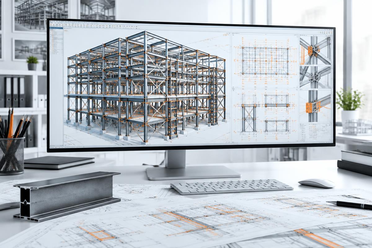 Structural steel CAD drawings on an engineering workstation