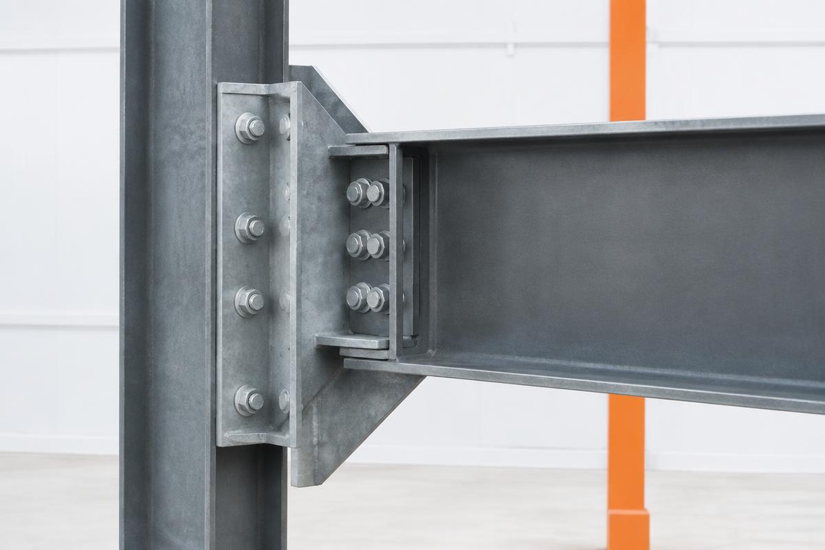 Detailed bolted structural steel framing connection