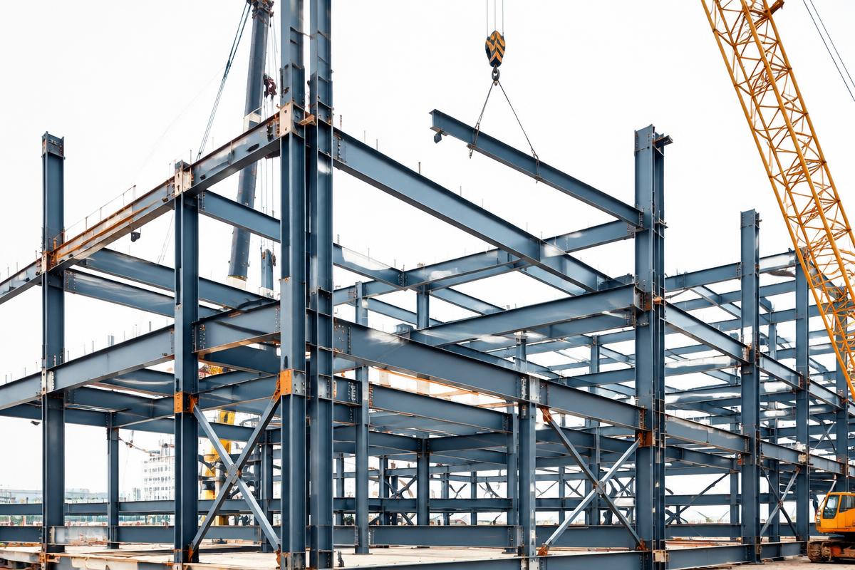 Structural steel frame under erection