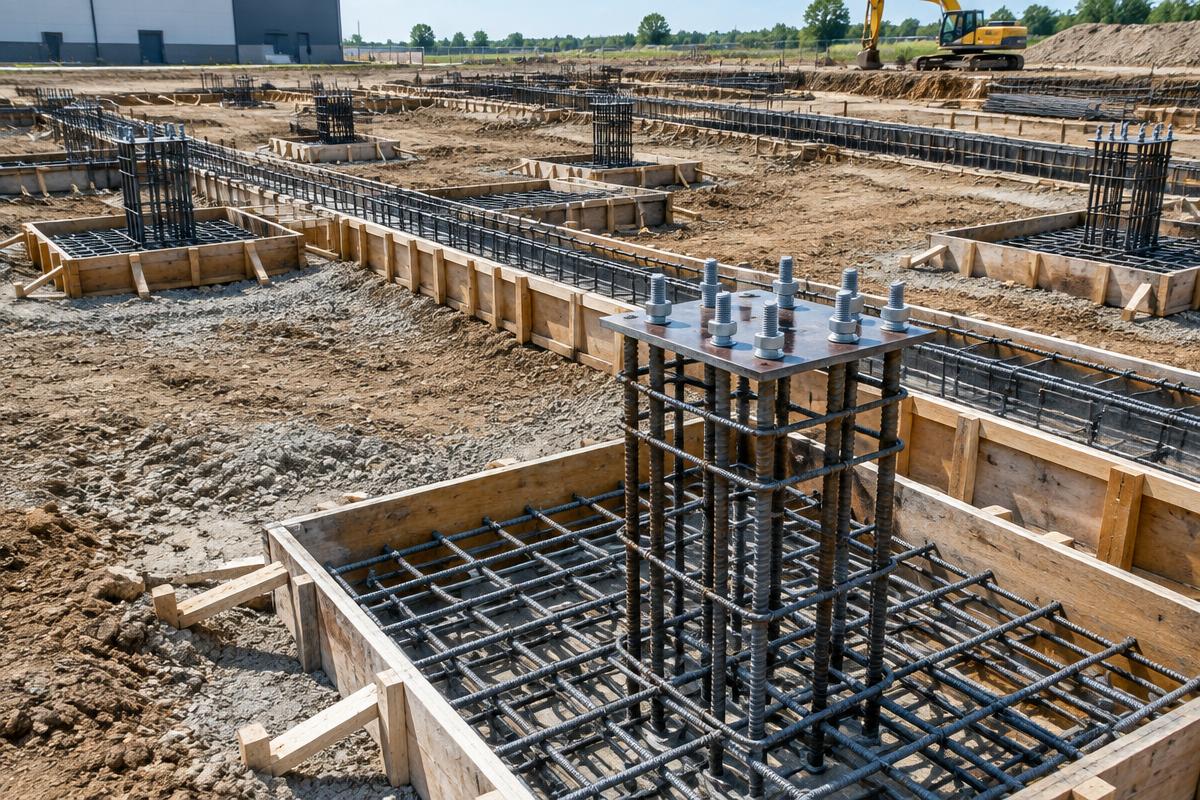 Reinforced concrete footing and anchor bolt template before pour
