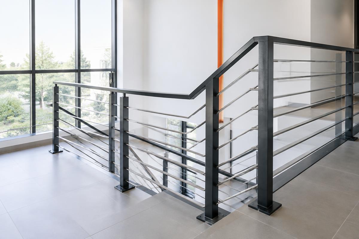 Finished steel handrail and guardrail at a stair landing