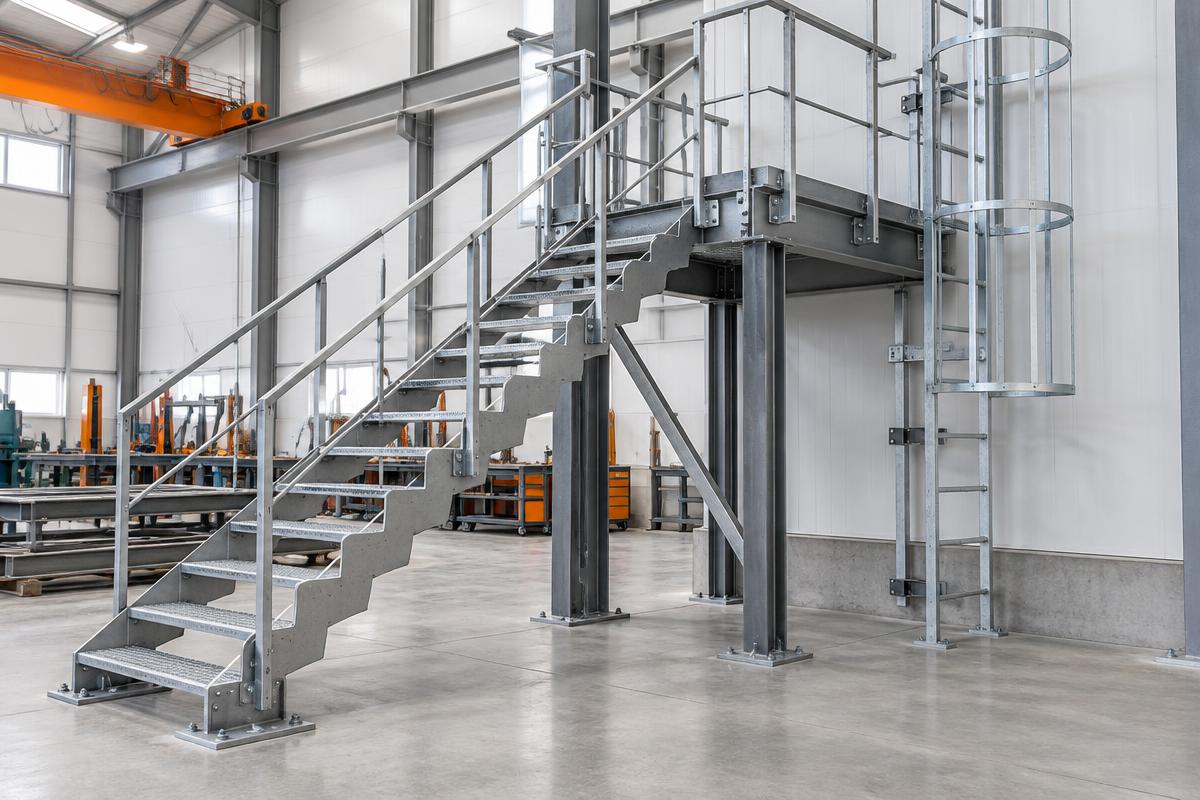 Fabricated steel stair, landing, and fixed access ladder in a workshop