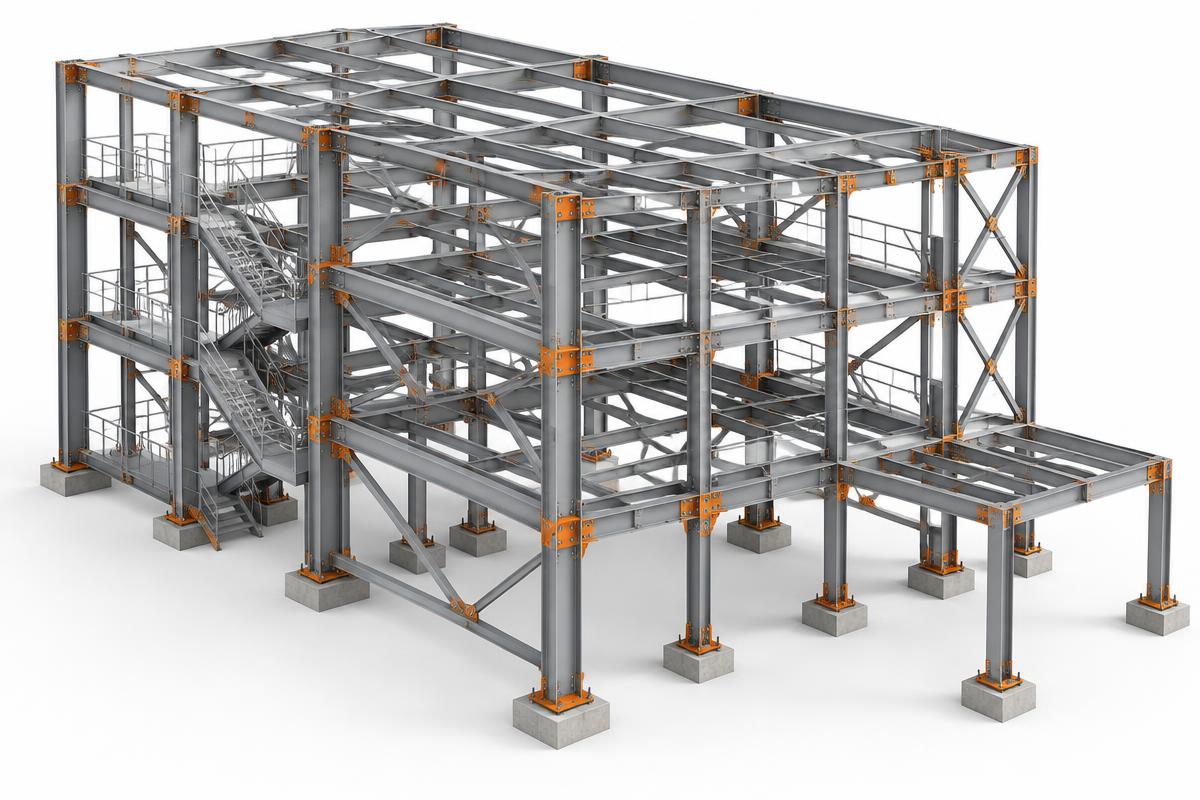 Three-dimensional steel frame model showing detailed connections and bracing