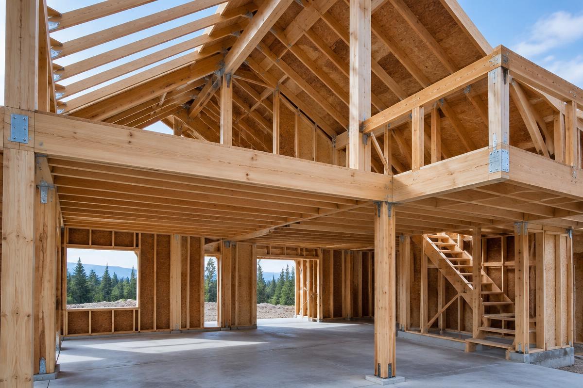 Exposed engineered timber framing and roof joists